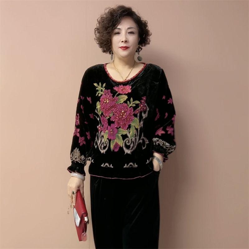 2pcs Vintage Pants Suits High-end Women's Silk Velvet Printed Oversized Blouse High-waist Velvet Pants Two-piece Velvet T-shirt Fall Winter