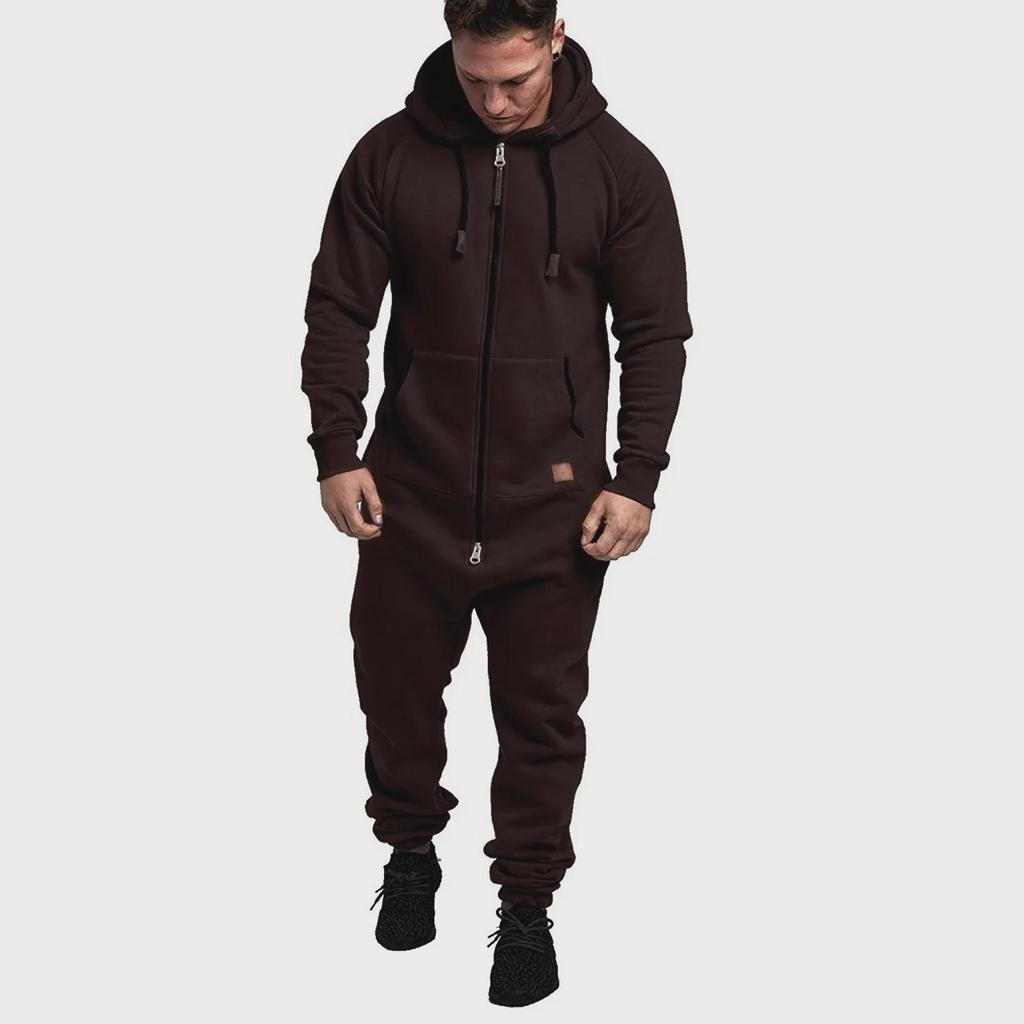 Men's Solid Color Hooded Fleece Jumpsuit