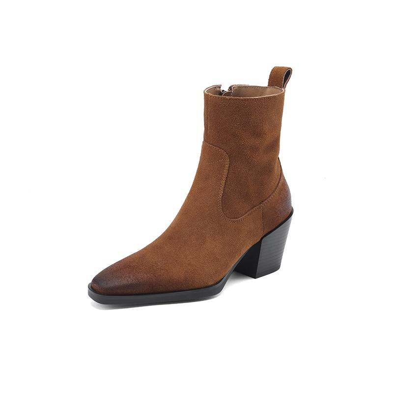 2024 New Real Cow Leather Suede Western Ankle Boots Women Point Toe Kitten Heels Short Boots Winter Cowboy Knight Boots Woman