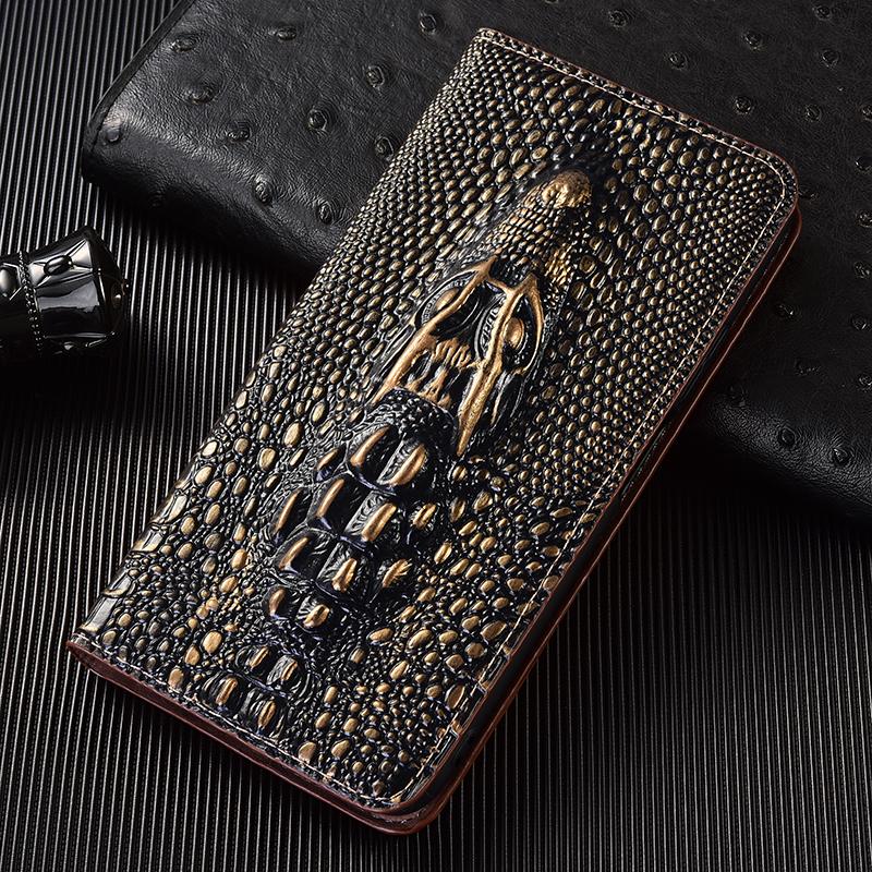 Genuine Leather Crocodile 3D Head Flip Case for iPhone 17 16 16E 15 14 13 12 11 8 X XS XR Pro Max Plus Card Slots Wallet Cover