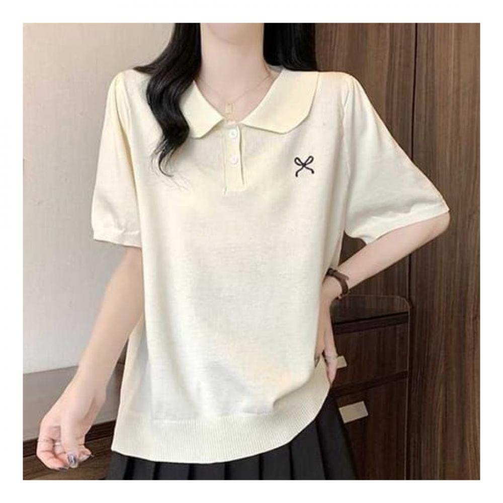 Navava Women Simple Plain Ribbon PoinT Collar ShorT Sleeve KniT T shirT Nk2260