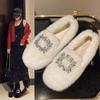 Soft Flat-bottomed One-pedal Fluffy Shoes for Women's 2025 Autumn and Winter New Rhinestone Square Buckle Doudou Shoes with Fleece Thermal Cotton Lad