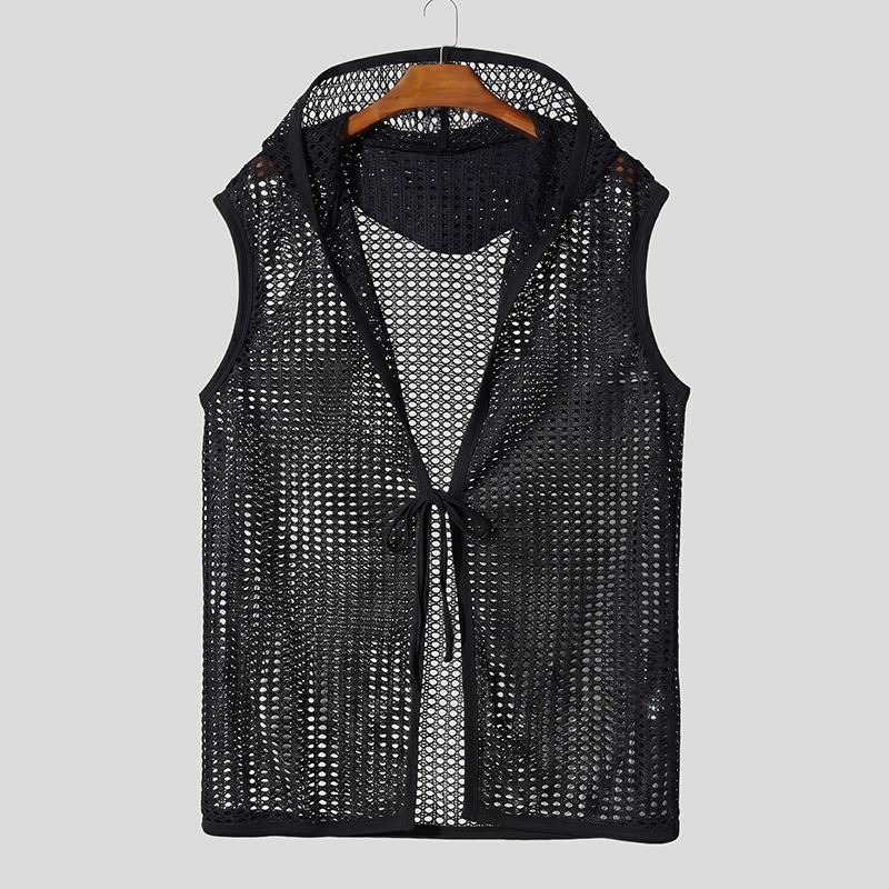 INCERUN Herren Mesh Durchsichtig Kapuzenweste Ärmellos Durchsichtig Strandurlaub Cardigan Tanktops