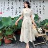 Chinese Gentle Style Retro Sweet Button Up Dress for Women's Summer Oversized Cheongsam with Waistband Tie Up Long Skirt