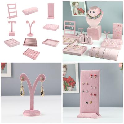 Rosa Schmuck-Display-Requisiten, eleganter Schmuckständer, Samtstoff-Material, Schmuck-Display-Tablett für Ringe, Ohrringe und Halsketten