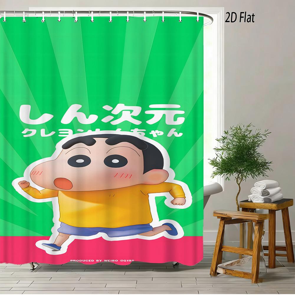 Crayon Shin-Chan Toru Kazama Animal Cosplay Peeking From Green Window Scene 2D Print Waterproof Shower Curtain, Bold Blue & Gree