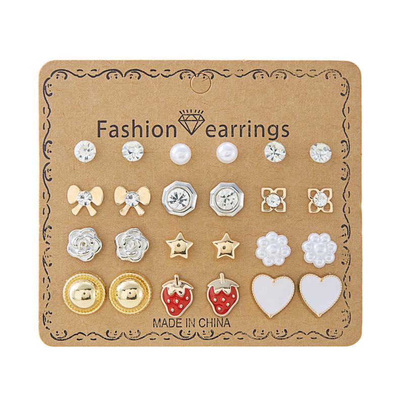 12-Pair Rhinestone Stud Earrings Set: Flower, Heart, Star & Moon Designs
