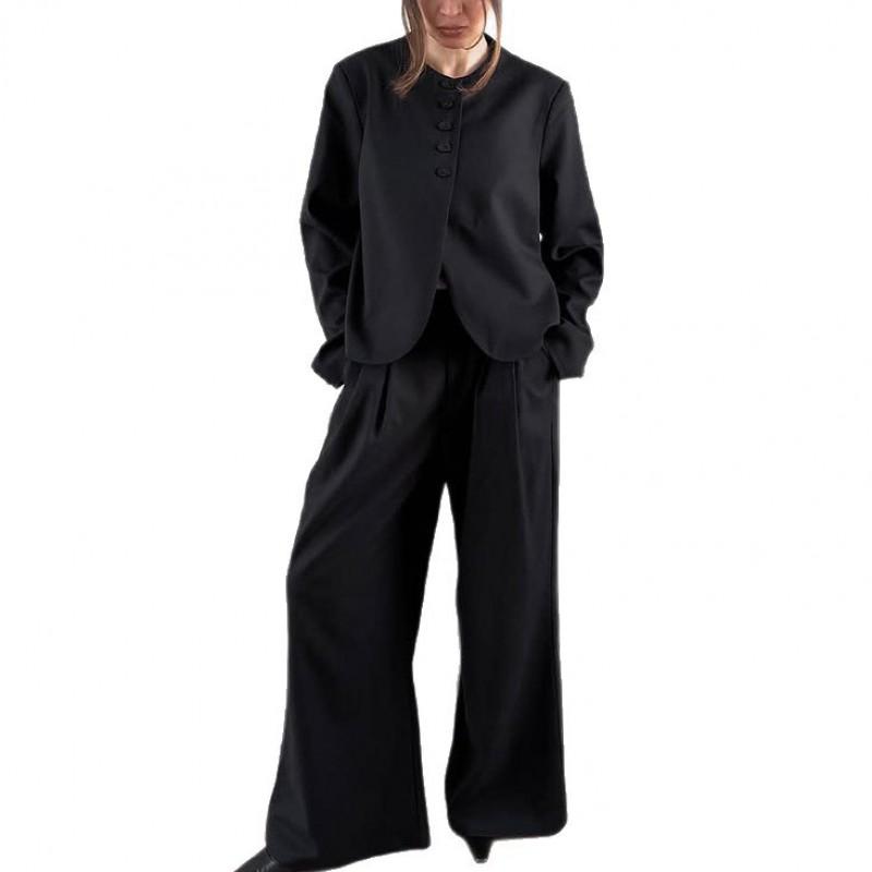 Womens Black Suit Set Long Sleeve Top Pants Elegant Casual 2-Piece Outfit