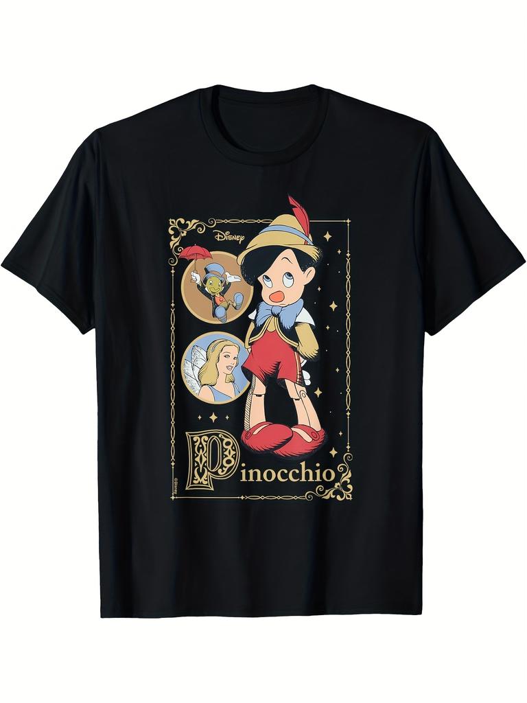 T-shirt Estiva da Uomo Disney con Stampa Pinocchio per Tempo Libero Quotidiano e Attività a Tema Unisex Cotone Manica Corta Oversize