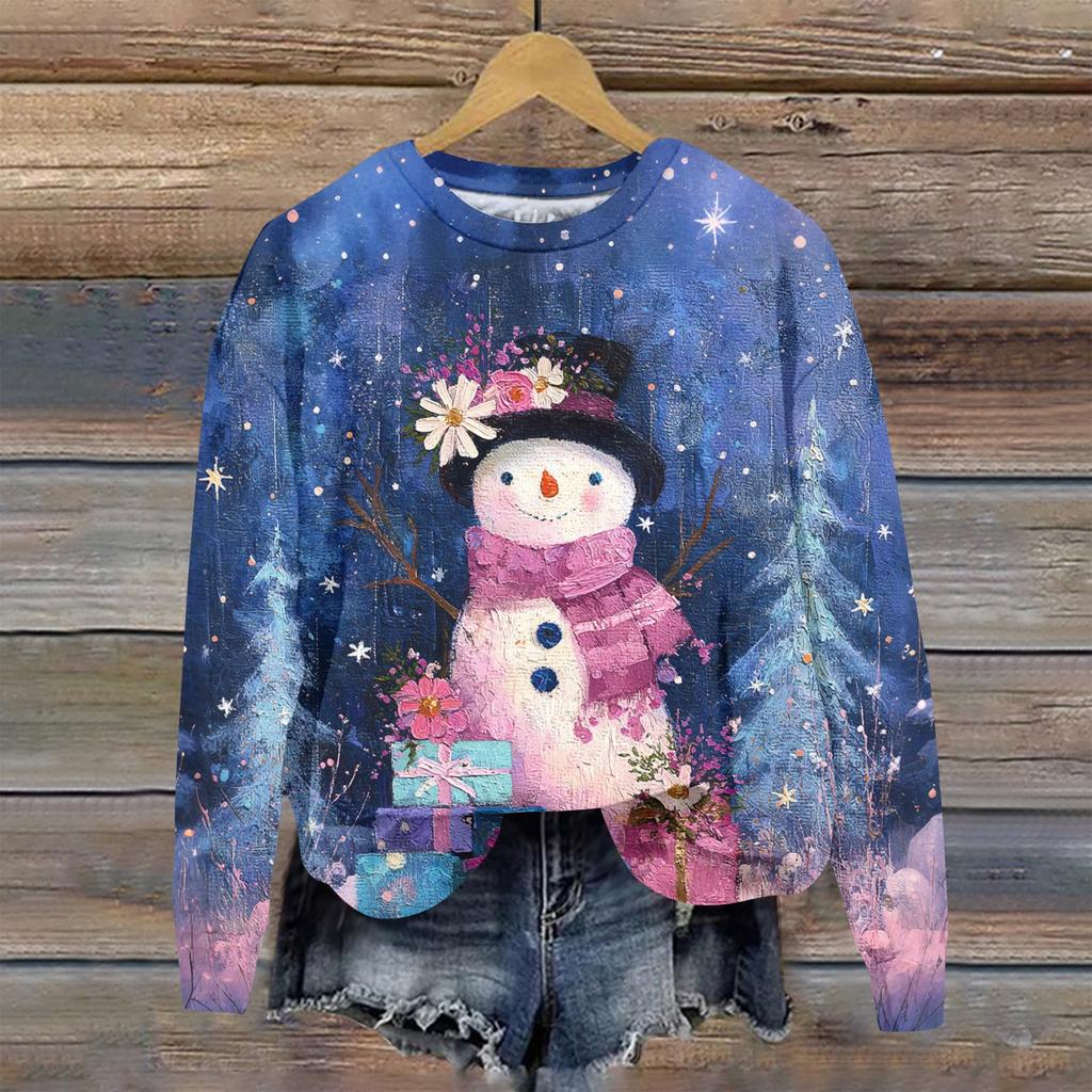 Женская модная рождественская принтованная толстовка с длинным рукавом и круглым вырезом