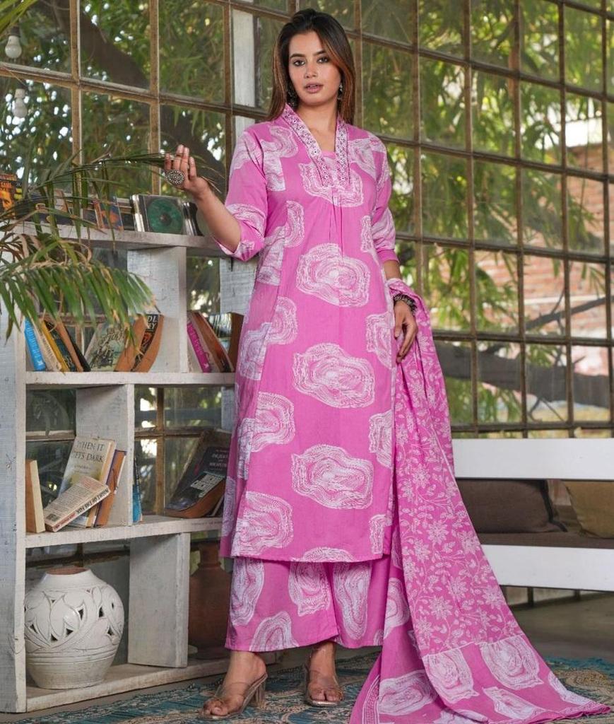 Women Designer Cotton Kurta Pant Dupatta Set Indian Bollywood Top Tunic Kurti Salwar Kameez