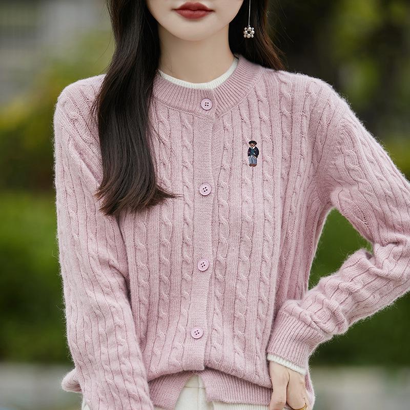 2025 Women's Fashion Color Block Knitted Cardigan: Round Neck, Fake Two-Piece, Embroidered Cable Knit Sweater