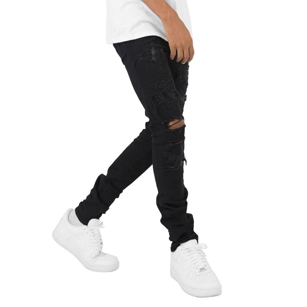 Style Hot Diamond Ripped Black Men's Jeans Personalized Slim Fit Elastic Men's Jeans