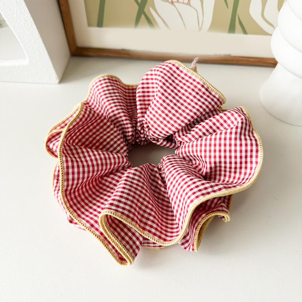 Women's Checkered and Floral Double Layered Scrunchies with Ruffled Korean Style Oversized Hair Accessories