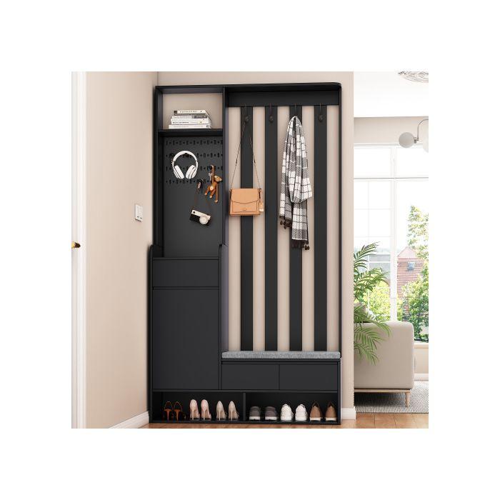 Meuble D'entrée - MUVOE - Vestiaire Moderne - Banc Rembourré - 4 Crochets - Noir