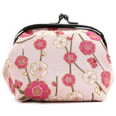 Komon Kobo 3.6-inch Puffy Clasp Pouch with Weeping Plum Blossom Design (Pink) - Futago Chirimen, Kyoto, Wa KOMONO, Edo Komon Pattern, 0217