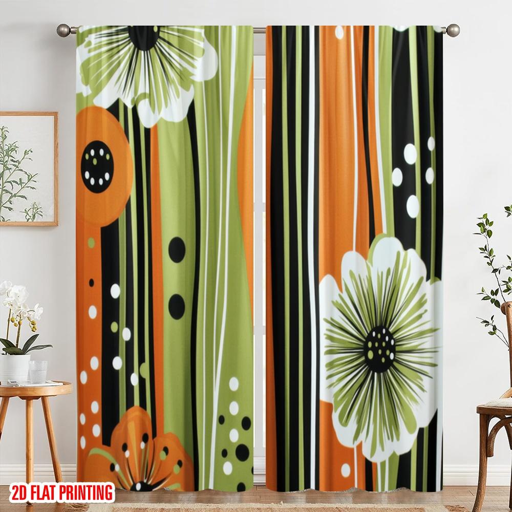 2pcs,2D plane printing Curtains Digital Printed Floral Stripes Polyester Fabric (without rod) Festive Ldeal for Bedroom, Living