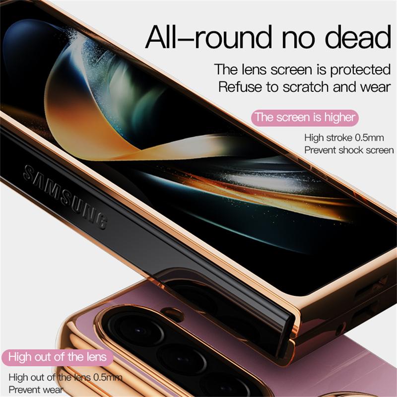 Luxury Plating Metal Ring Holder Phone Case For Samsung Galaxy Z Flip 5 4 / Z Fold 6 7 Flip7 Fold7 5G Silicone Back Cover Funda