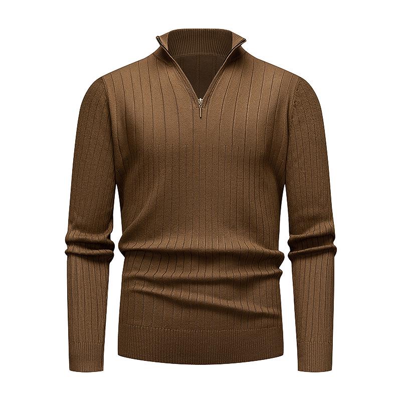 Men's European-American Half-Zip Solid Color Knit Sweater with Vertical Stripes