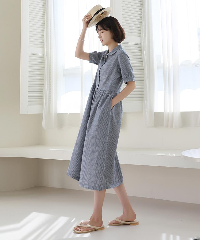 Ppaeppae Striped Collared Linen Long Dress
