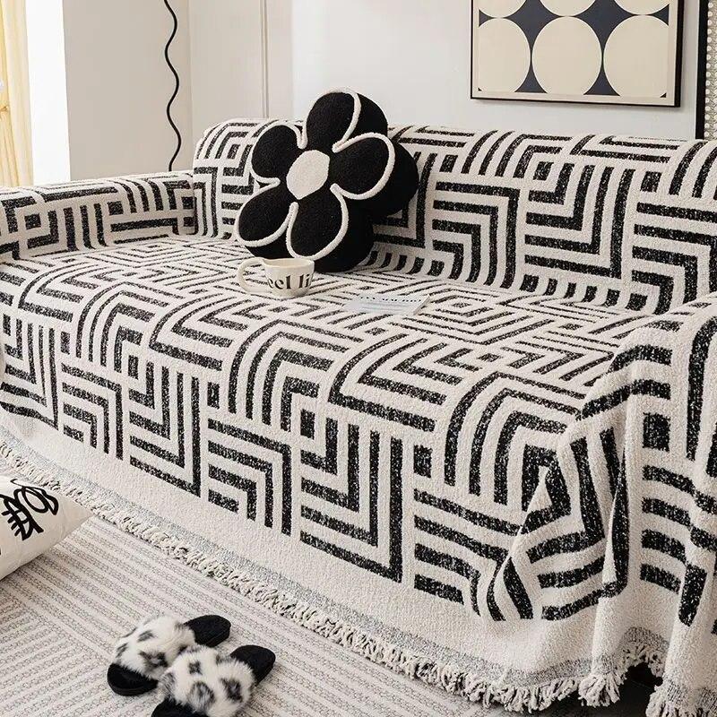 Sofabezug mit nordischem Quasten-Muster und geometrischem Muster, Chenille, universeller Couchbezug für alle vier Jahreszeiten, rutschfeste Überwurfdecke, modernes Sofatuch