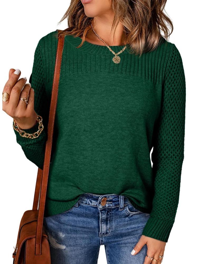 Autumn Winter Women's Round Neck Long Sleeve Solid Colour Knitwear Ribbed Openwork Base Layer Sweater Luxurious Relaxed-fit Slimming and Versatile Top