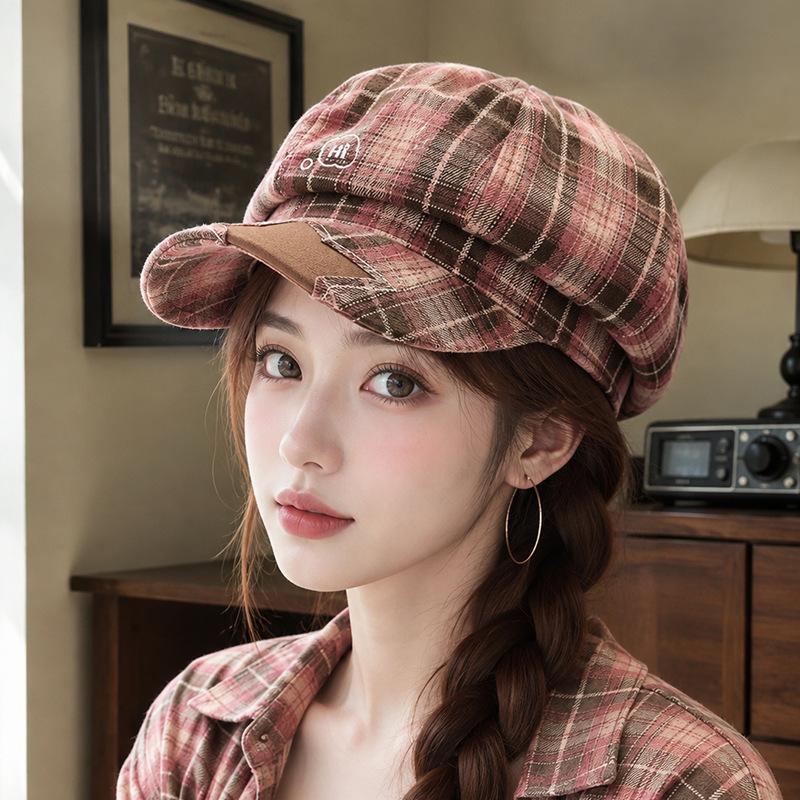 Sweet Plaid Star Newsboy Hat Women's New Retro Old Octagonal Hat Embroidery Versatile Face Little Beret