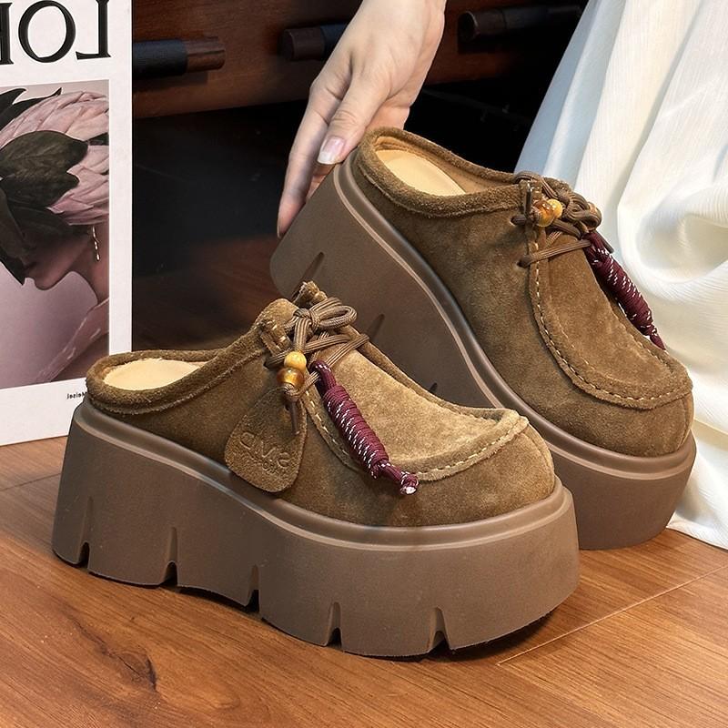 Retro Matte Cowhide Muffin Thick-soled Bag Head Boken Half Slippers Women's 2025 New Small Heightening Loafers