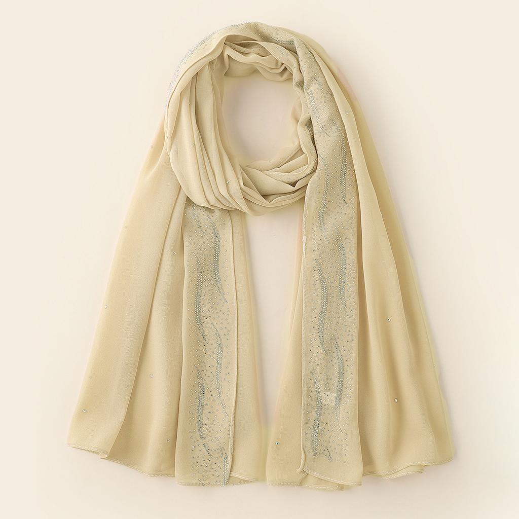 Women Chiffon Long Scarf Rhinestone Decor Solid Color Ethnic Style Pearl Chiffon Shawl Headscarf Versatile Hijab