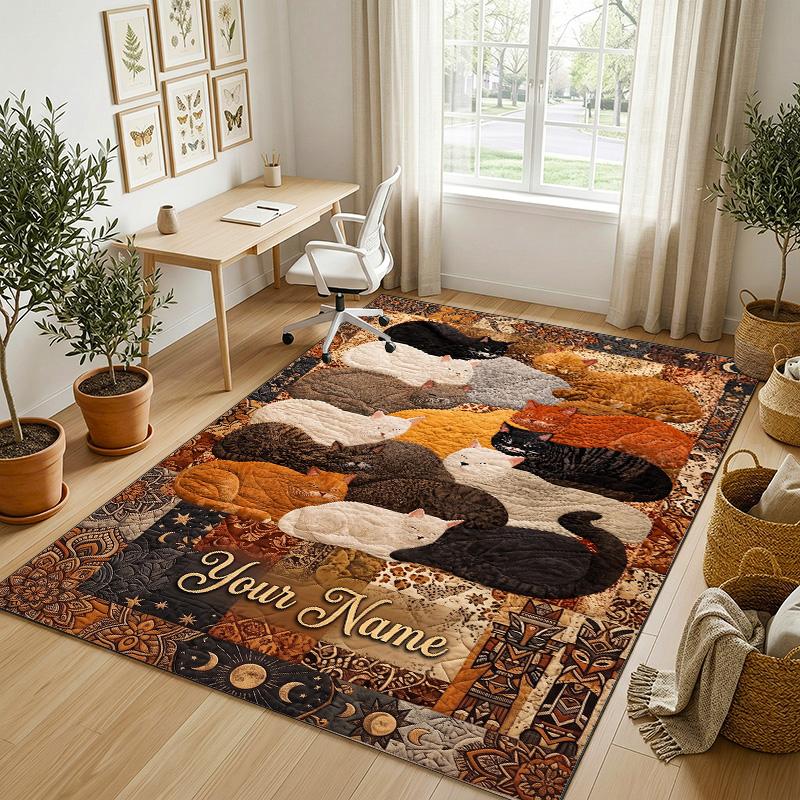Cat Theme Crystal Velvet Rug Personalized Custom Name Text Soft Floor Mat Home Decor