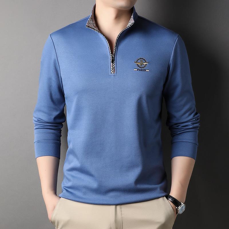 Spring New Men's Long-sleeved T-shirt, Fashionable and Casual Solid Color Stand Collar Cotton Long-sleeved T-shirt