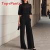 Summer Bamboo Leaf Print Chiffon Blouse And Wideleg Pants Set For Women