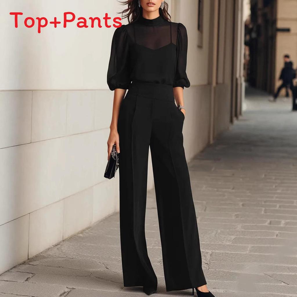 Summer Bamboo Leaf Print Chiffon Blouse And Wideleg Pants Set For Women