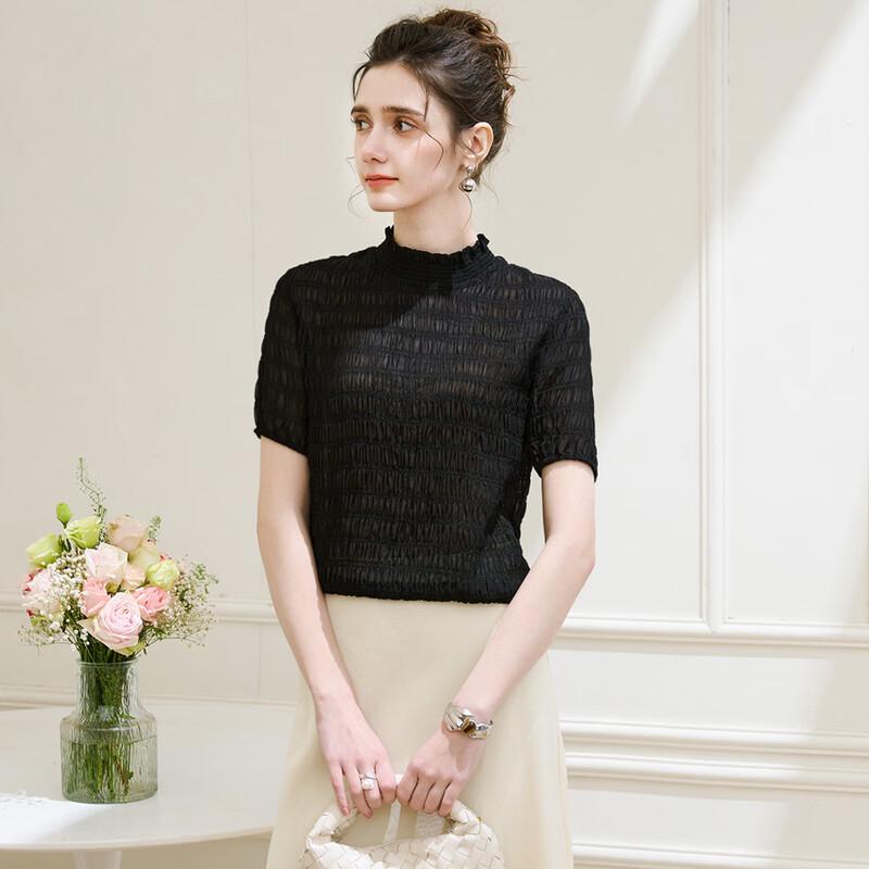 TUHUANG 100% Mulberry Silk Pleated Round Neck Blouse 2XL