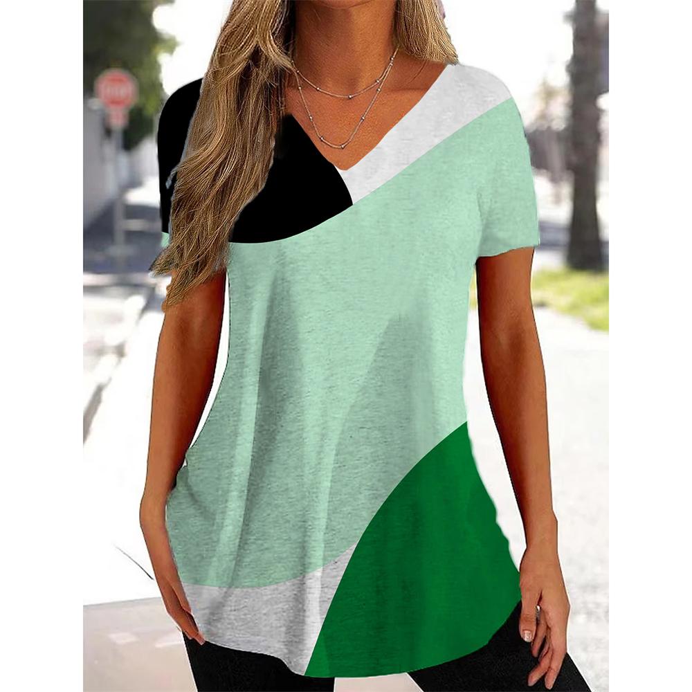 Summer V-neck 3D Printed Irregular Geometric Pattern Top Fashionable Casual Short Sleeved Women's T-shirts