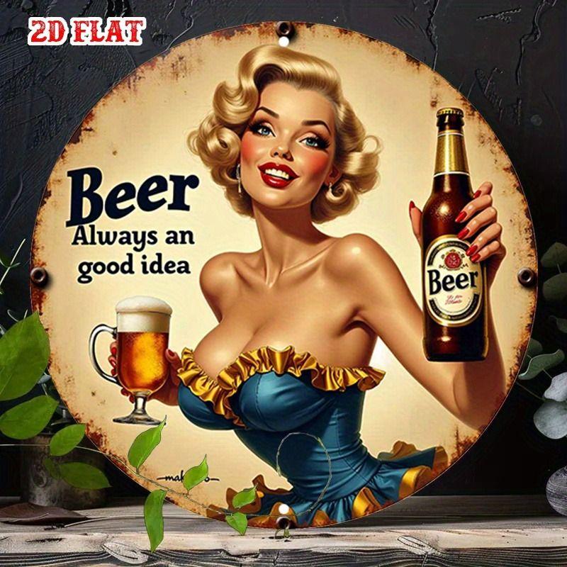 Retro Girl Tin Metal Logo Round Painting for Bar Restaurant