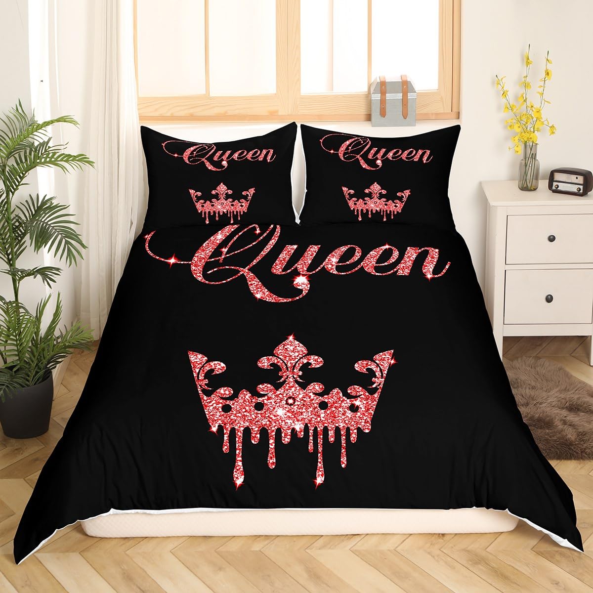 

Modern King Crown Duvet Cover Twin Black Pink Bedding Set Women Adults Couple Comforter Cover Girls Valentines Day Quilt Cover EU Single(135*200cm)3pcs