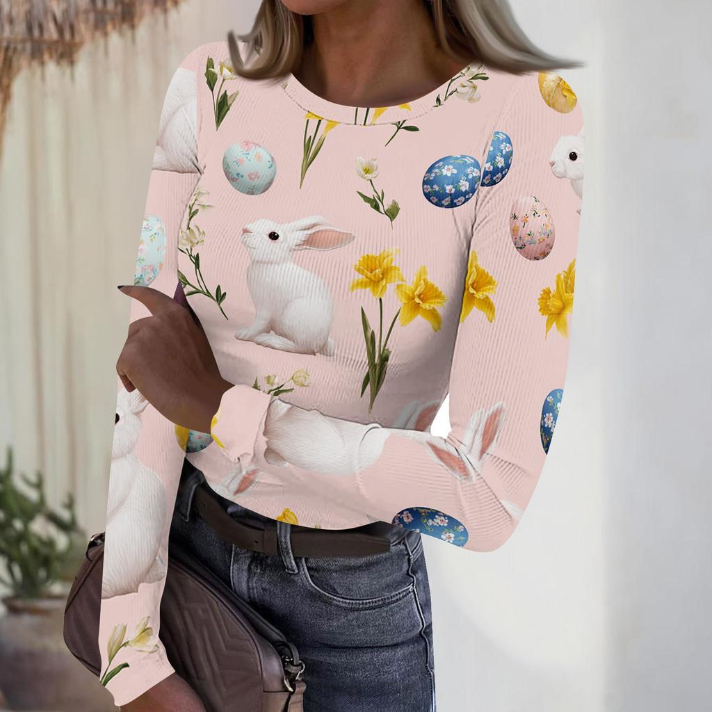 Women's Casual Fashion Round Neck Easter Print Long Sleeve Ribbed Top