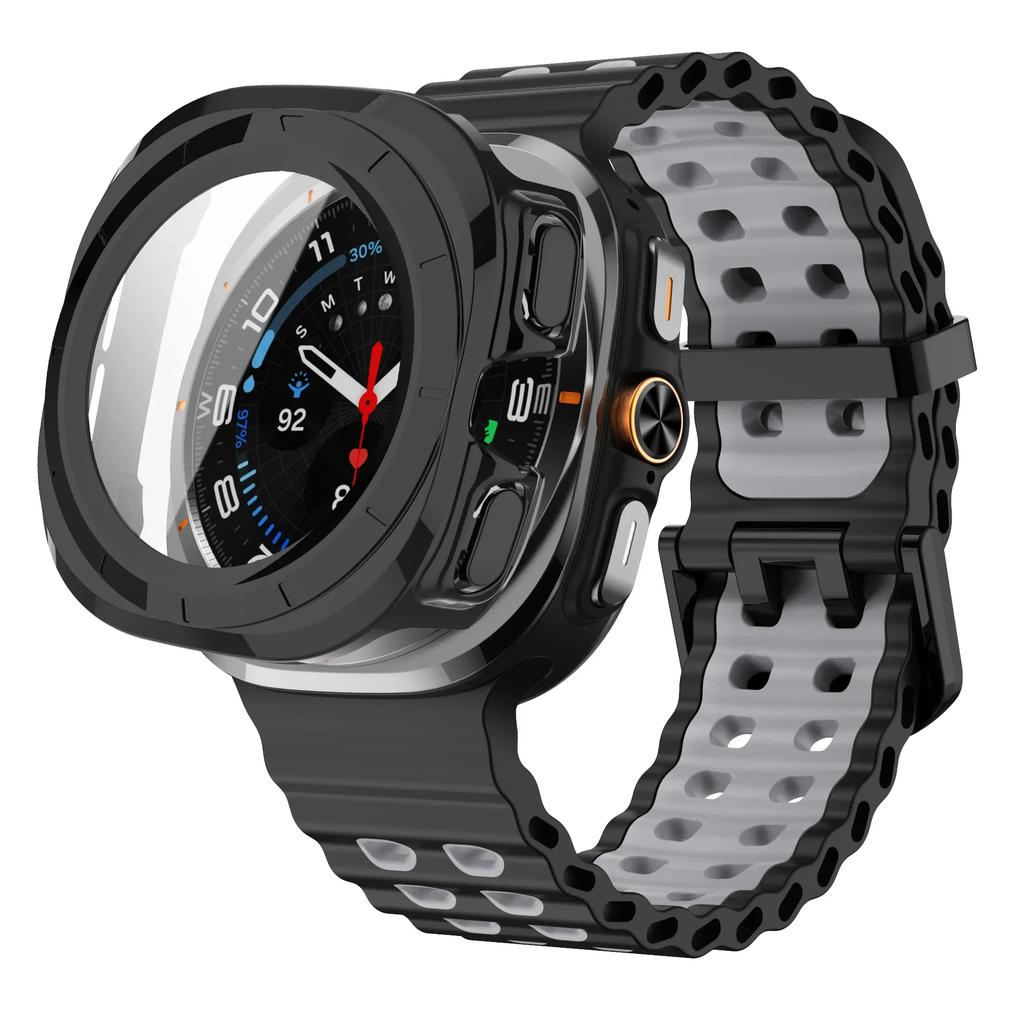 Gehärtetes Glas Case+Armband Für Samsung Galaxy Watch 7 ultra 47mm Zweifarbiges Sport-Silikonarmband Galaxy Watch Ultra7 Hülle