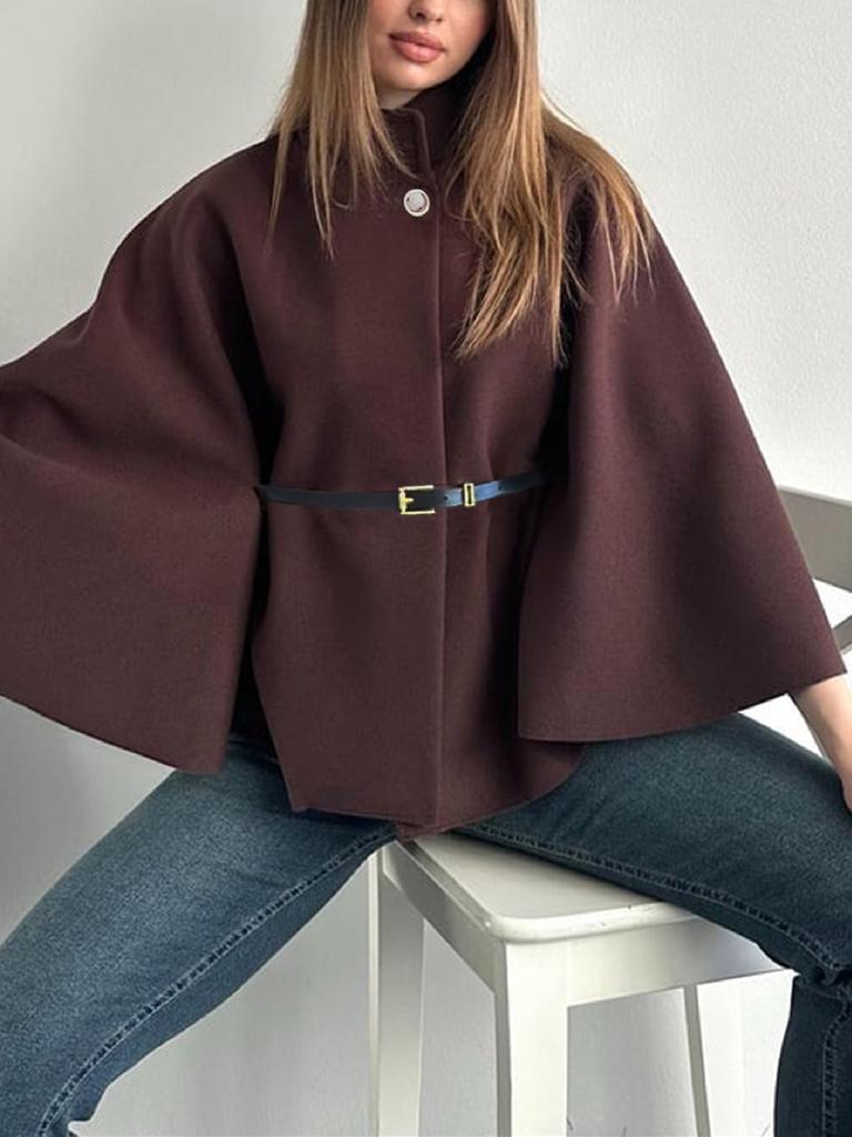 Moda Invernale Donna Stile Elegante Colore Puro Cintura con Cintura Cappotto Mantella in Lana