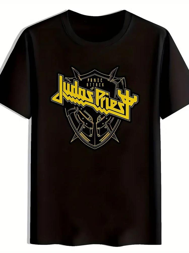 

Men s Black Rock Band Graphic T-Shirt - Judas Priest Logo Design, Short Sleeve C S