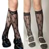 Women Gothic Punk Hollow Out Bowknot Mesh Fishnet Calf Socks Japanese Style Sweet Lace Trim Elastic Knee High Long Socks