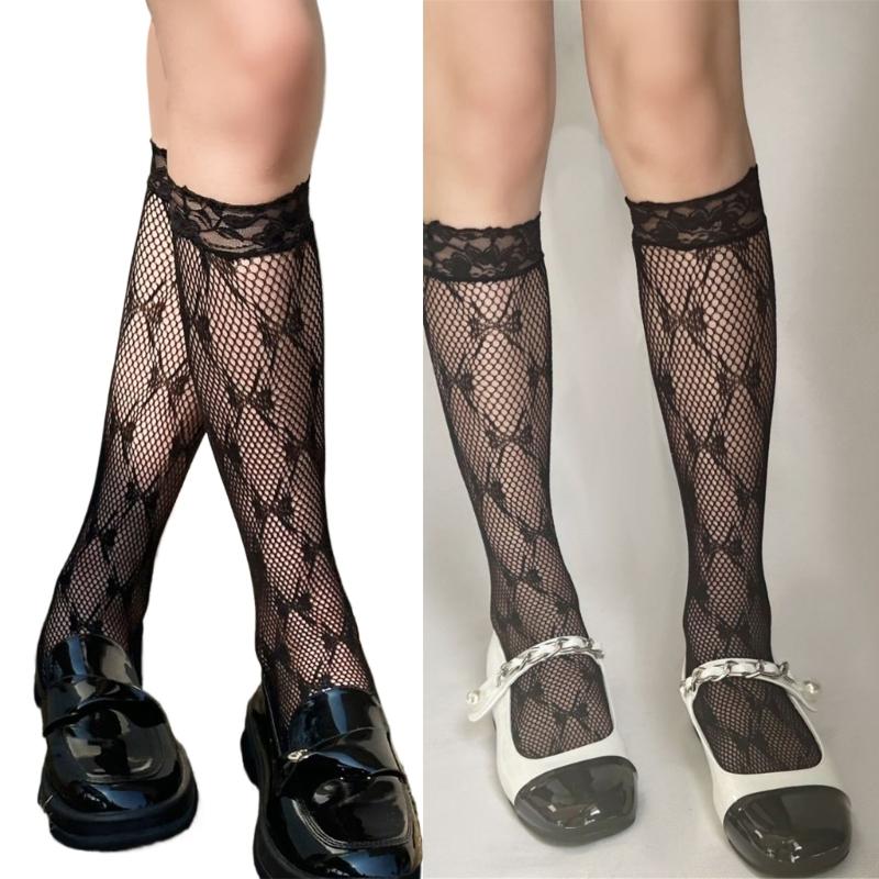 Women Gothic Punk Hollow Out Bowknot Mesh Fishnet Calf Socks Japanese Style Sweet Lace Trim Elastic Knee High Long Socks
