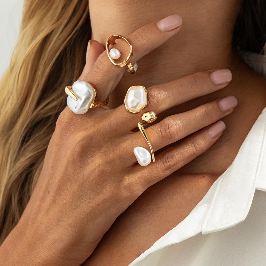 Design Sense Liquid Metal Glossy Ring Set, Baroque Imitation Pearl Open Ring