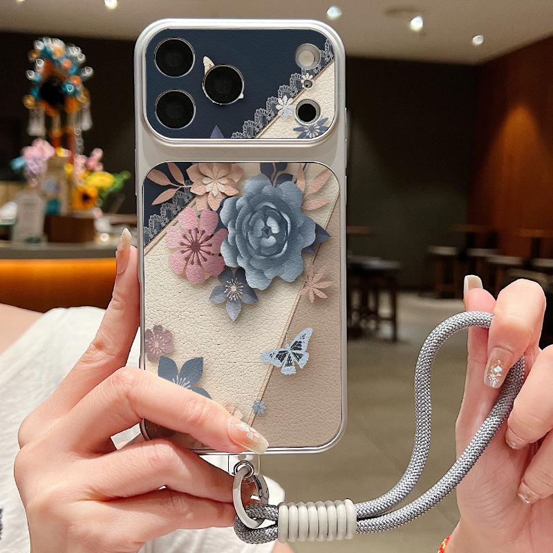Romantic Rose Flower Pattern Leather Lanyard Case For iPhone 18 Pro Max Hybrid TPU+PU Anti-skid Soft Cover For iPhone 17 16 15 14 13 Pro Max