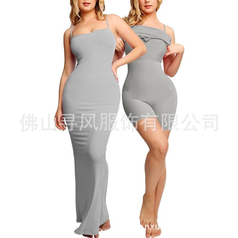 Women Modal Spaghetti Strap Light Tummy Control Bodycon Maxi Dress 2 In 1 Shapewear Long Dress