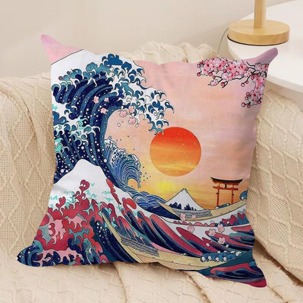 Japanese Waves Cushion Cover Silky Short Plush DoubleSided Printed Pillow Case for Sofa All Seasons Home Decor Gift