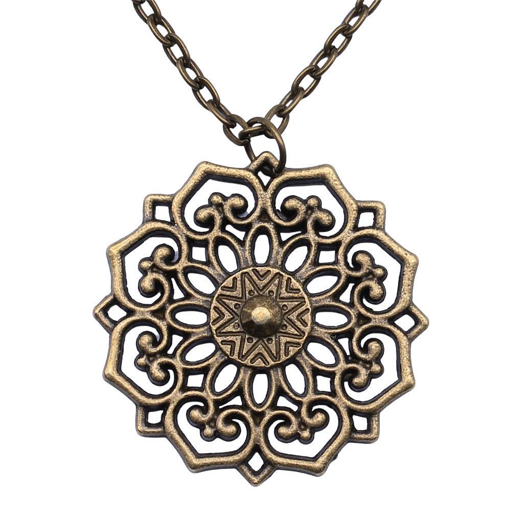 Vintage Rose Flower Charm Necklace Tree Of Life Pendant Antique Jewelry 43cm Chain