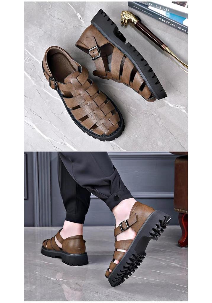 Men's Retro Leather Slip-On Sandals - Cool, Breathable, Lightweight Shoes with Thick Sole & Buckle