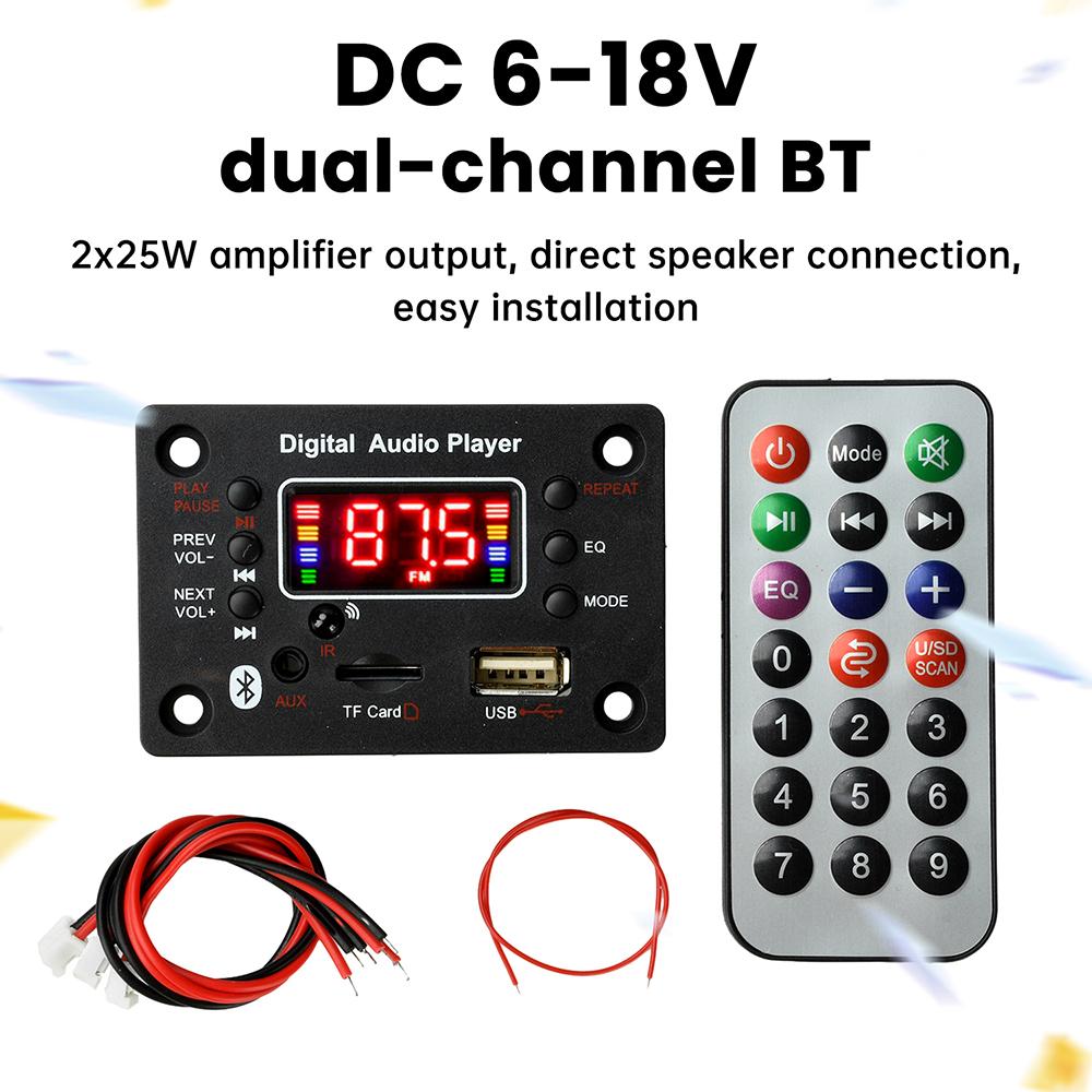 DC 6-18V Zweikanal BT 5.0 Audioverstärkerplatine 2*25W Multifunktionales MP3-Dekoderboard mit Verstärker MP3/USB/TF/AUX/FM/BT